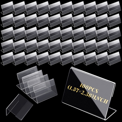 100pcs小型透明なアクリルのロゴの表示横の傾きL字型カード棚